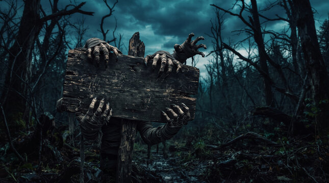 Mummy hands emerging from a dark forest to hold a wooden sign, symbolizing horror, mystery, and Halloween themes, perfect for spooky content.