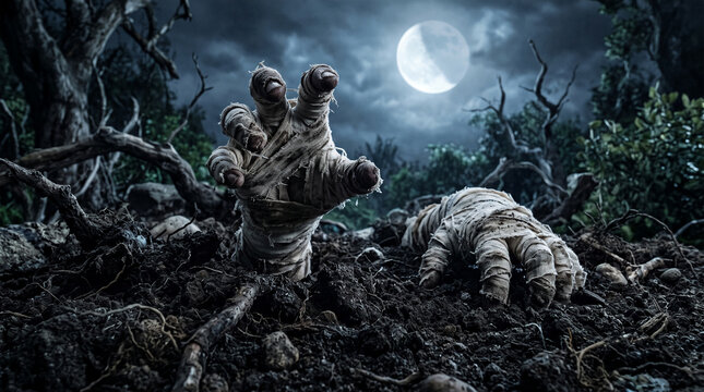 Mummy hands emerging from dark soil under a full moon, symbolizing horror, resurrection, and Halloween, perfect for scary concepts.
