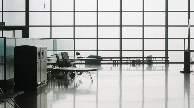 Empty airport terminal lounge features seats and wheelchair by large glass windows. Polished floor reflects daylight and soft silhouettes. Accessible travel infrastructure awaits passengers.