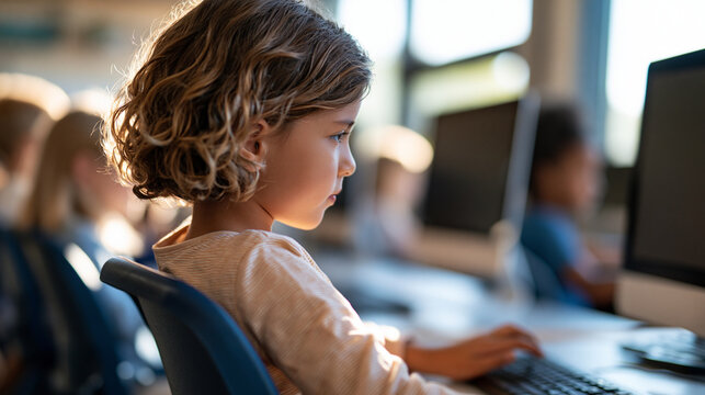 Rear view of a group of children sitting at desktop computers in a bright classroom faceless composition children classroom computer lab education technology digital learning