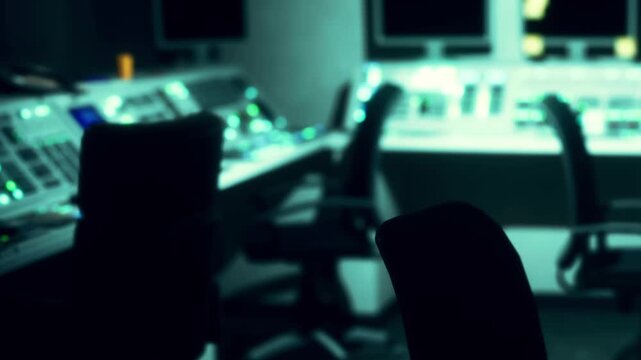 A control room with multiple screens and green lights. Empty chairs are in focus, creating a feeling of quiet. The room appears to be ready for activity.