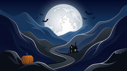 Obraz premium Spooky halloween landscape featuring a full moon mountains winding road and a single