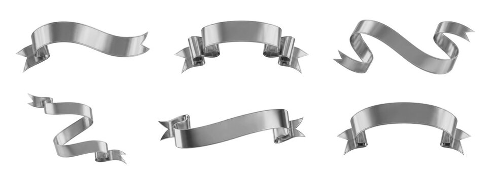 Silver satin ribbon set, metallic silk banners, 6 elegant grey scrolls for luxury branding
