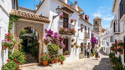 Fototapeta premium Andalusian white village street with flower pots and archway