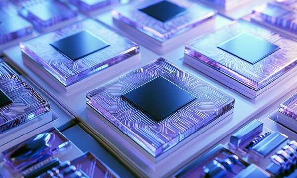 Modern microchip processor architecture inside high tech computer hardware