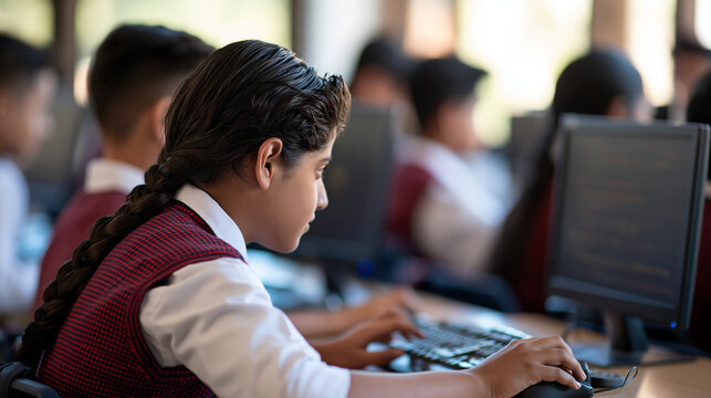Rear view of focused Indian students learning at desktop computers in a bright school computer lab faceless composition Indian students computer lab desktop computers technology