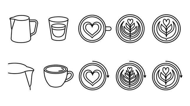 A set of ten blackline icons depicting coffeemaking tools cups and latte art designs on a white background