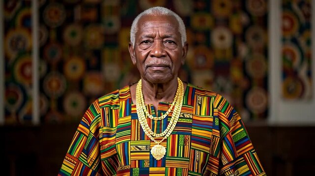 Elderly African Man in Colorful Beaded Attire.
