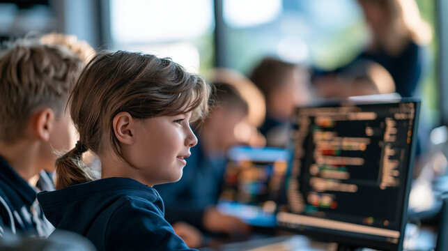 Rear view of a group of children coding together at computers in a bright school computer lab colorful programming interfaces visible on screens defocused lab interior with a teacher