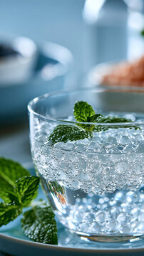 Molecular gastronomy caviar spheres garnished with fresh mint floating on a refreshing liquid in a bright glass molecular gastronomy caviar spheres mint garnish spherification gourmet