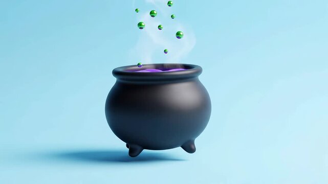 A 3D animated black cauldron with bubbling purple potion, rising smoke, and floating green spheres. Perfect for Halloween.
