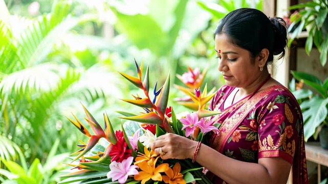 Florist Arranging Tropical Bouquet in Garden.