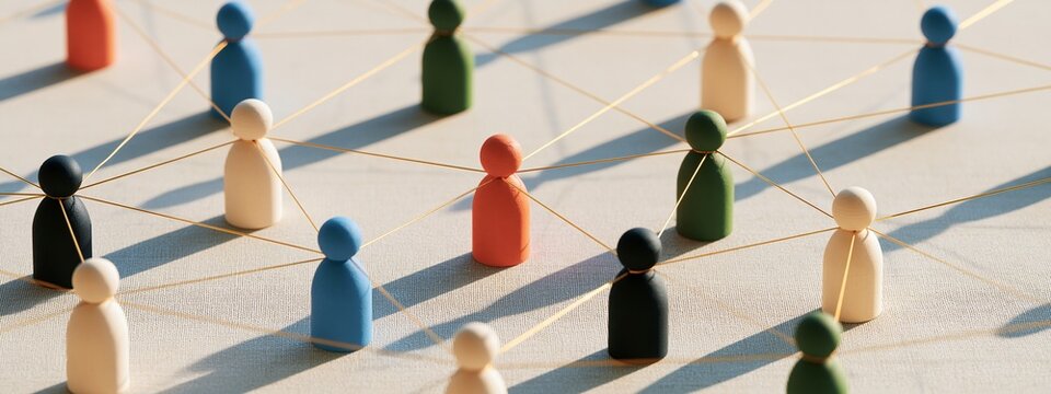 Wooden figures connected with thread representing social network concept