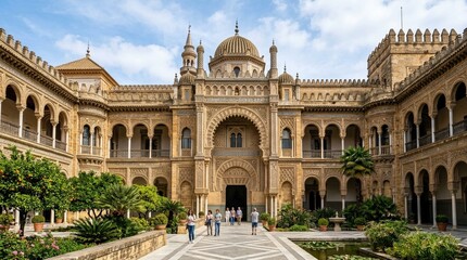 Fototapeta premium Alcázar of Seville: Ornate courtyard with arches, fountains, and lush greenery