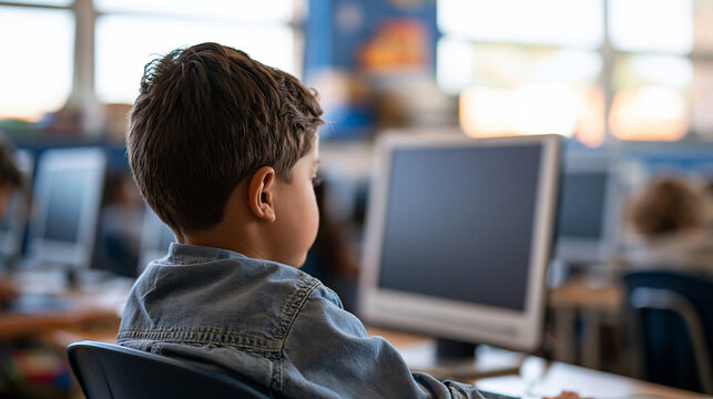 Over the shoulder view of an inquisitive Asian elementary school boy exploring a desktop computer in a bright computer lab cropped composition elementary education computer lab