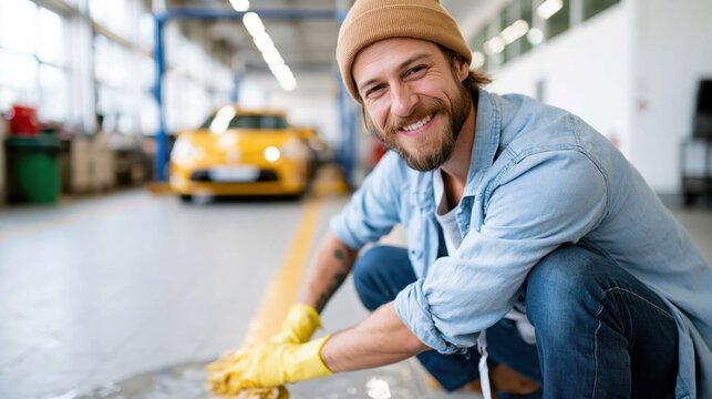 This vibrant image showcases a joyful man diligently washing a car in an auto shop, emphasizing the satisfaction of hard work and care in maintaining vehicles for clients.