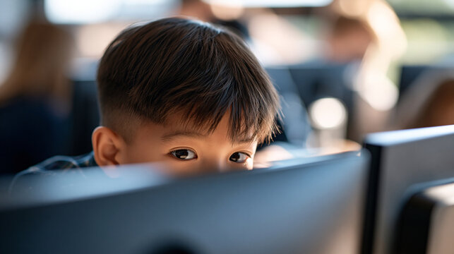 Over the shoulder view of an inquisitive Asian elementary school boy exploring a desktop computer in a bright computer lab cropped composition elementary education computer lab