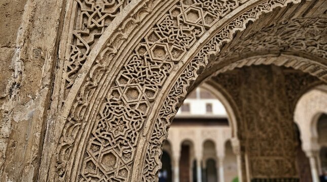 Intricate Arabic geometric carving on stone archway in Alhambra, Spain.