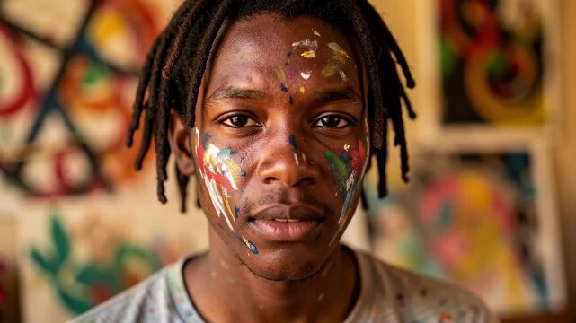 Young Artist Portrait with Colorful Face Paint.