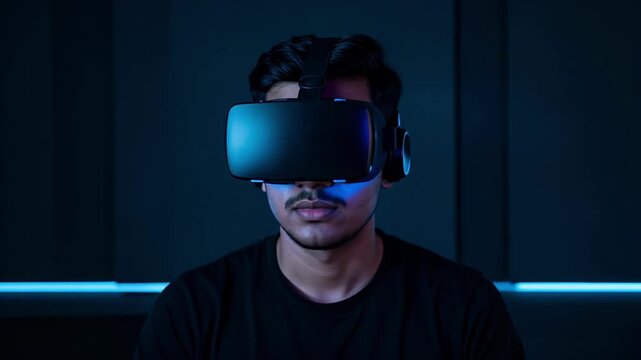 Young Man Wearing VR Headset in Neon Light.