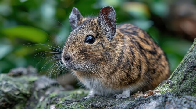 A curious Degu rodent, with its striking fur pattern and attentive gaze, sits amid lush greenery, showcasing its adorable features and natural habitat