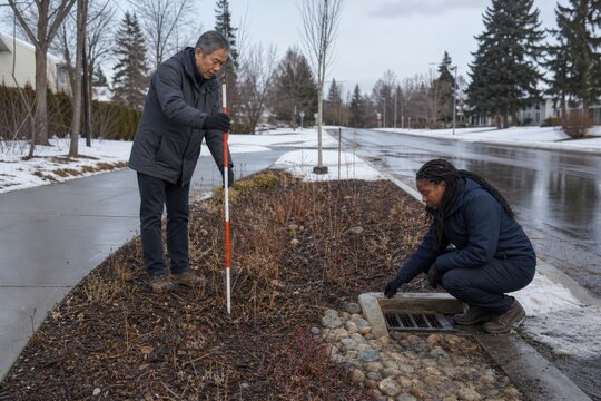 Rain Garden Inspection During Workplace Interaction In Winter Showing Two German People Inspecting A Dormant Streetside