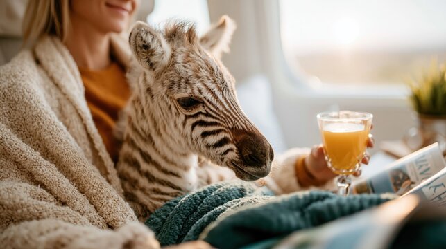 A woman enjoys a tranquil moment snuggling with a zebra cub while enjoying a refreshing drink in a cozy indoor setting, symbolizing compassion and the beauty of wildlife.
