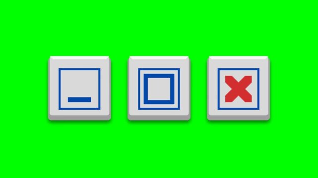 3D animation of classic square window control buttons (minimize, maximize, close) with a pixel cursor on a green screen. Ideal for retro UI design