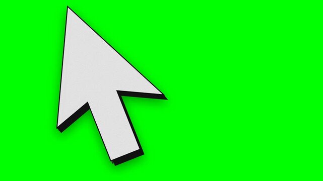 3D animation of a giant retro mouse arrow cursor moving across a green screen. Ideal for web navigation, classic UI, and computing interaction concepts
