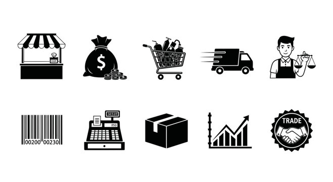 Market Trade Shopping and Retail Commerce Vector Icons Set