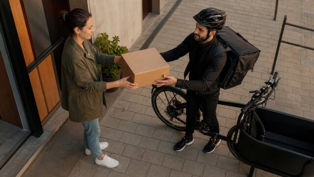A cargo bicycle courier receiving a dynamically assigned plain package at a neighborhood hub, elevated three quarter view, for technology