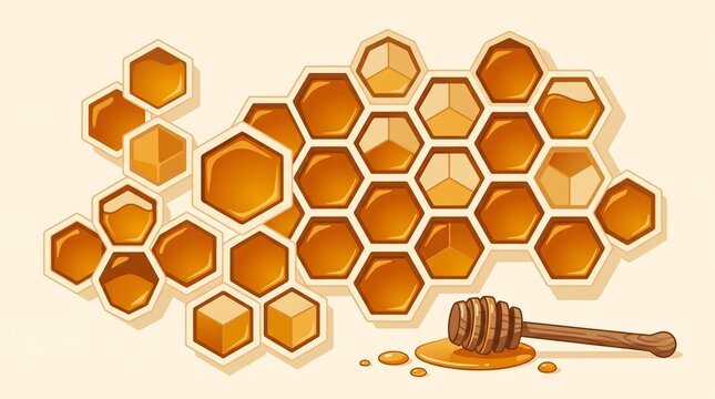 Golden honey flowing through geometric honeycomb cells with a wooden dipper, sophisticated flat design for natural products, food packaging, branding, and backgrounds.
