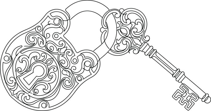 Vintage Ornate Padlock and Antique Key Line Art Illustration Isolated on White Background