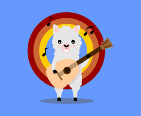 Naklejka premium Illustration of alpaca playing guitar, isolated on blue background