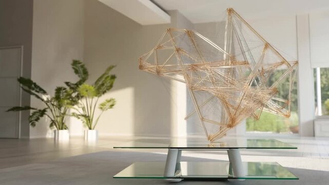 Abstract fluid data geometry hovering over smart glass table in aesthetic sunlit interior