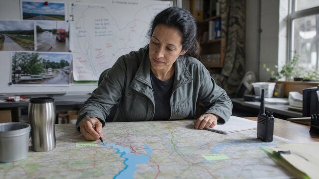 A logistics planner rerouting food shipments around a flooded road shown on a physical map, overhead editorial composition, for technology