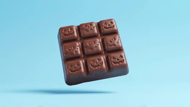 A delicious Halloween-themed chocolate bar with carved pumpkin faces and flying bat motifs. Perfect for holiday treats.