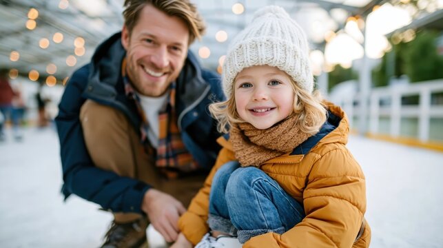 A smiling father and his little daughter enjoy a joyful moment together on the ice rink, showcasing their love and bond while highlighting family fun and winter joy.