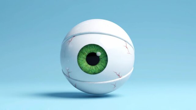 A detailed 3D animation of a human eyeball with a vibrant green iris, blinking and rotating smoothly against a clean, light blue backdrop. Ideal for medical, technology, or abstract concepts.
