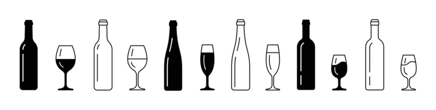 Wine bottle and glass icon set. Red, white wine and champagne bottles with goblets, winery degustation, restaurant menu line art outline and solid vector icons.