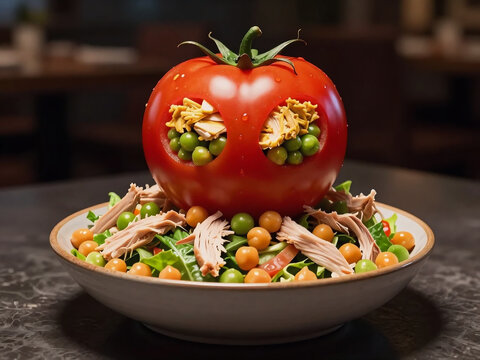 A creative salad with a tomato carved into a face on top of a bed of greens and vegetables