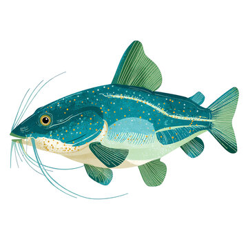 Colorful blue and green freshwater catfish with long whiskers, aquatic animal and river wildlife vector illustration transparent background