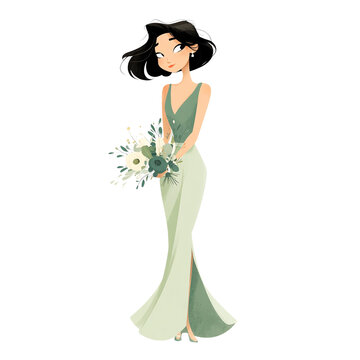 Elegant bridesmaid in a long green dress holding a floral bouquet, beautiful wedding guest character vector illustration transparent background