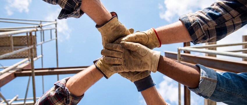 Workers' hands joining during construction project outdoors
