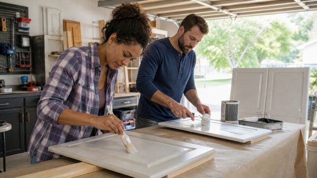 A couple restoring old kitchen cabinet doors with low odor paint in a ventilated workshop, overhead editorial composition, for technology