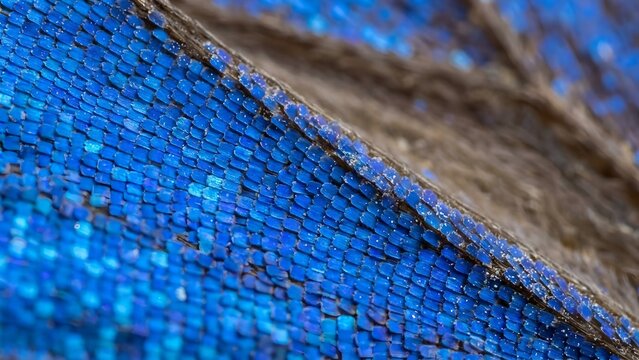 Extreme close-up of iridescent blue lizard skin scales, showing intricate texture and detail. The reptilian surface exhibits a fascinating mosaic of shimmering turquoise and sapphire hues.
