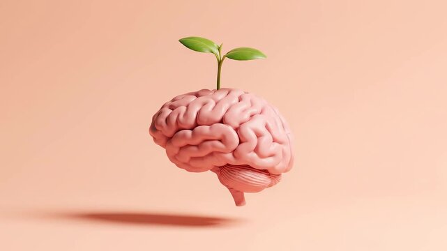 A human brain with a green sprout growing from it, representing mental health, learning, and new ideas.