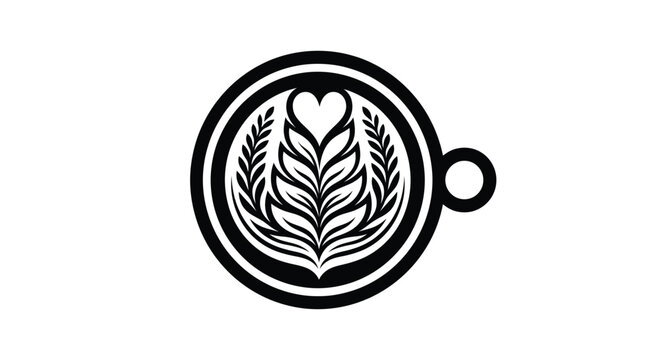 Black and white coffee cup silhouette with latte art design