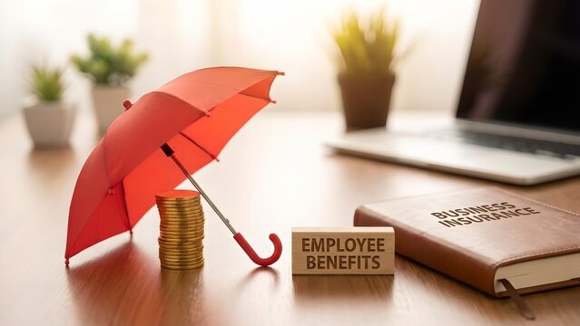 A red umbrella covers a stack of gold coins next to a notebook labeled Business Insurance and a wooden block with EMPLOYEE BENEFITS written on it.
