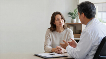 Fototapeta premium Patient consulting doctor discussing health issues in clinic